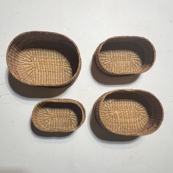 Vtg Handwoven Oval Sweetgrass Nesting Baskets Set of 4 Lidded Boho Storage READ - Picture 2 of 13
